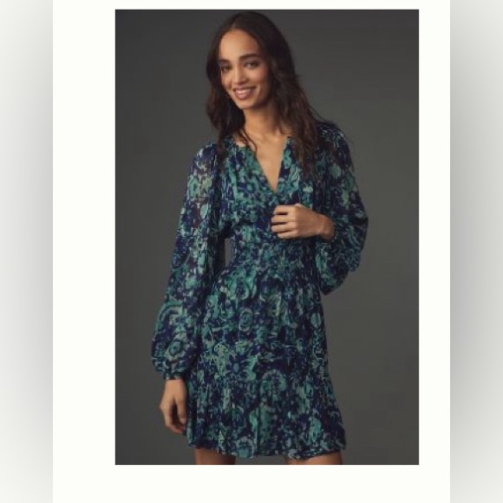 Brand new Anthropologie Somerset mini dress sz M in blue motif so flattering 💕